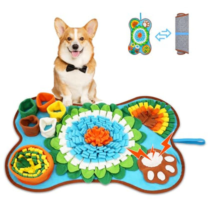 Snuffle Mat for Dogs 25x17in Slow Feeder Squeaker Washable | Snuffle mat for puppies, cats, rabbits. Mental stimulation toy, built-in squeaker, machine washable, blue