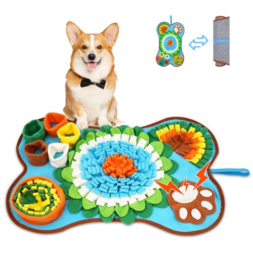 Snuffle Mat for Dogs 25x17in Slow Feeder Squeaker Washable | Snuffle mat for puppies, cats, rabbits. Mental stimulation toy, built-in squeaker, machine washable, blue