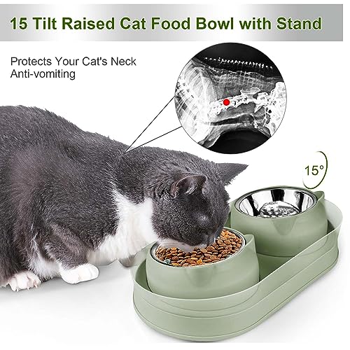 Elevated Raise Tilted Cat Food Bowls,with Stand Stainless Steel, Anti Vomiting, Double Cat Food and Water Bowl Set (Green) - color: Green