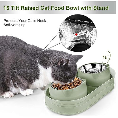 Elevated Raise Tilted Cat Food Bowls,with Stand Stainless Steel, Anti Vomiting, Double Cat Food and Water Bowl Set (Green) - color: Green
