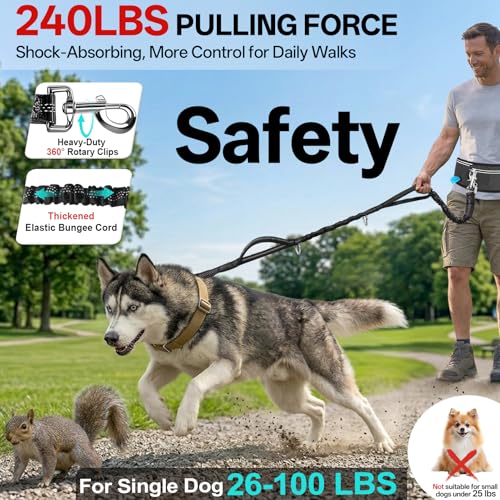 Hands Free Double Dog Leash for Two Dogs,240LB Heavy Duty Retractable with Partitioned Pouch Adjustable Waist for Walking Running Jogging Hiking Biking Training for Medium/Large(Not for＜25LBS)