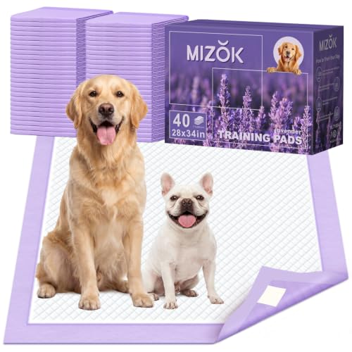 MIZOK Puppy Pads 28x34in Lavender Scented, Dog Pee Pads Extra Large Odor Eliminating Ultra Absorbent Up to 8 Cups, 6 Layers Leak-Proof & Quick-Dry Purple (40 Counts) - size: Large 28"x34“ 40 Count