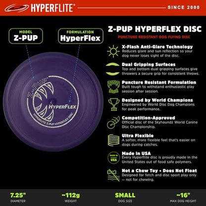 Hyperflite Z-Pup Hyperflex Flexible Dog Flying Disc, Small Dogs | Ultra Flexible, Puncture Resistant | 7.25-inch, 112g | Small Dogs | Purple