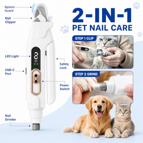 2-in-1 Dog Cat Nail Clippers & Grinder with LED Light, Pet Nail Trimmer with Splash Guard & Safety Lock, 2 Speeds USB Rechargeable Quiet Paw Nail Cutter for Large Medium Small Dogs Cats (Pink) - color: Pink