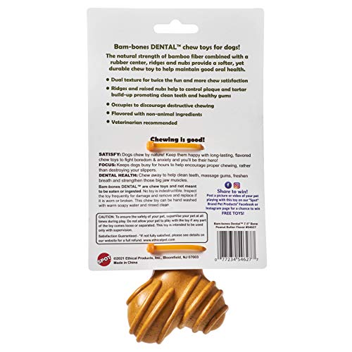 SPOT Bam-Bones Dental Bone - Made with Bamboo Fiber and a Massaging Rubber Center, Durable Oral Care Dog Chew for Light Chewers & Teething Puppies Under 40lbs, 7in, Allergen Free Peanut Butter Flavor - size: Large