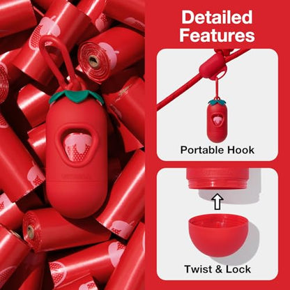 VETRESKA Dog Poop Bag Dispenser with Strawberry Scented Bags, Leak Proof, Extra Thick and Large Pet Waste Bags,1 Count Bag Holder and 105 Bags (7 Refill Rolls) for Walking Dog and Cats Litter, Red - size: 1 Count (Pack of 105), style: Strawberry