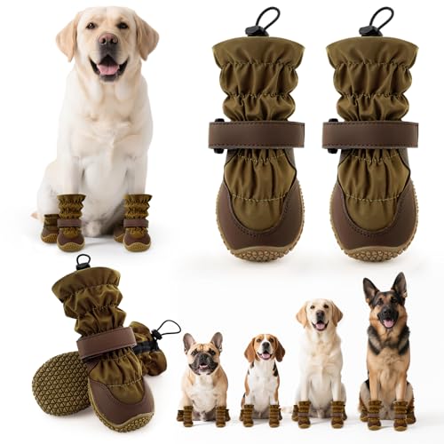 Dog Boots Winter, Dog Snow Shoes for Small Large Medium Dogs, Adjustable Puppy Booties Paw Protectors for Outdoor Cold Weather Hardwood Hiking Walking Size 5 - color: Khaki, size: Size 5 (For Width 2.2"-2.4")