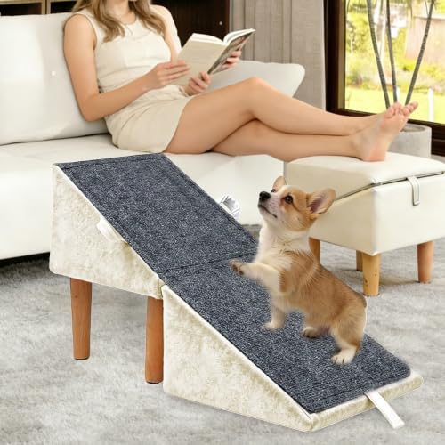 Split Ottoman Dog Ramp for Small Dogs and Cats – 2-in-1 Foldable Wooden Pet Ramp and Stairs for Couch and Low Bed, or Ottoman, Non-Slip and Portable, White - color: White