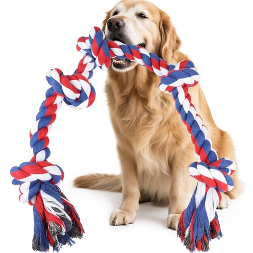 SZEE July 4th Dog Rope Toy for Large Dogs, 37 Inch 5 Knots, Tug of War Rope for Large Breeds, for Energy Release & Boredom Relief, Patriot Pet Toy (Red & Pink) - color: July 4th, size: Large