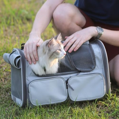 FUKUMARU Cat Carrier, Soft-Sided Small Dog Carrier, Large Cat Travel Bag with 4 Mesh Windows, Under 15 lb Airline Approved Pet Carrier with 4 Storage Pockets, Rollable Cover for Nervous Cats, Grey - color: Ash Grey