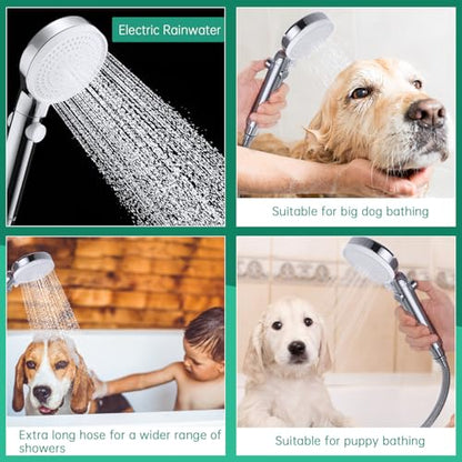Dog Shower Head Sprayer Pet High Pressure 3 Mode Handheld with ON OFF Switch Metal Diverter 100 Inch Extra Long Stainless steel Hose No Drill Hook Chrome