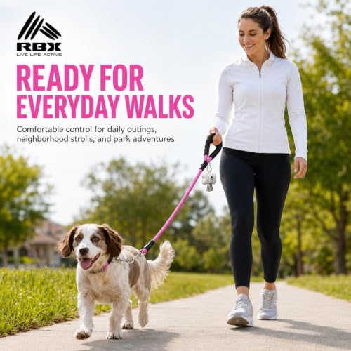 RBX Rope Dog Leash Set, 5 ft Padded Handle Leash for Small/Medium Dogs with 360° Swivel Clip, Poop Bag Dispenser, 20 Waste Bags, Durable Walking Lead for Daily Use - color: Pink