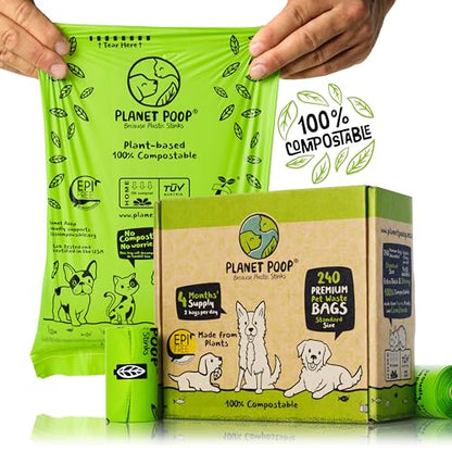 PLANET POOP Home Compostable Dog Poop Bags on Refill Rolls, 240 Un-Scented Pet Waste Bags, Thick Leakproof Plant-Based Doggy Bag, Cat & Dogs Supplies - size: 240 Count (Pack of 1)