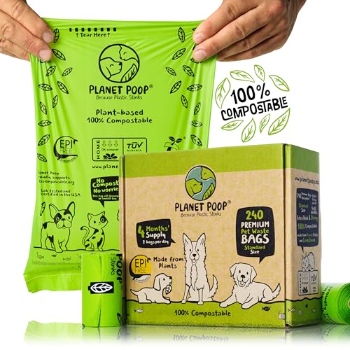PLANET POOP Home Compostable Dog Poop Bags on Refill Rolls, 240 Un-Scented Pet Waste Bags, Thick Leakproof Plant-Based Doggy Bag, Cat & Dogs Supplies - size: 240 Count (Pack of 1)