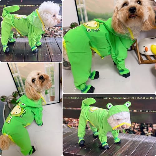 Dog Raincoat with Boots,Waterproof Dog Raincoats with Hood for Small Medium Large Dogs,Raincoat with Leash Ring (Green Frog, X-Small) - size: X-Small