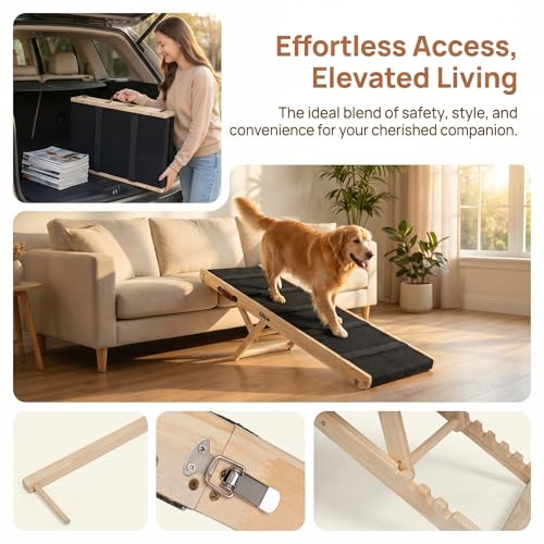 Wooden Dog Ramp for Bed – Folding Pet Ramp for Couch | Collapsible Wooden Pet Ramp, 4 Adjustable Heights, Non-Slip High Traction Fabric Surface, Portable Solid Pine Wood Steps - size: Large