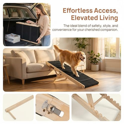 Wooden Dog Ramp for Bed – Folding Pet Ramp for Couch | Collapsible Wooden Pet Ramp, 4 Adjustable Heights, Non-Slip High Traction Fabric Surface, Portable Solid Pine Wood Steps - size: Large