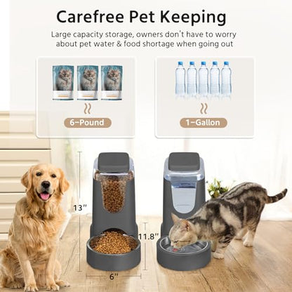 2 Pack Automatic Cat Feeder and Gravity Stainless Steel Water Dispenser, Dog Food Feeder and Waterer Set for Small Medium Puppy Kitten Pets (1 Gallon x 2, Gray) - color: 1 Gallon x 2 - Gray