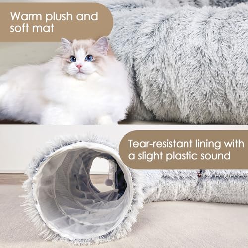 Cat Tunnel Bed for Indoor Cats, Peekaboo Cat Cave with Washable Soft Play Mat, Furry Cat Tube, for Kitten/Puppy/Rabbit, Grey - color: Grey