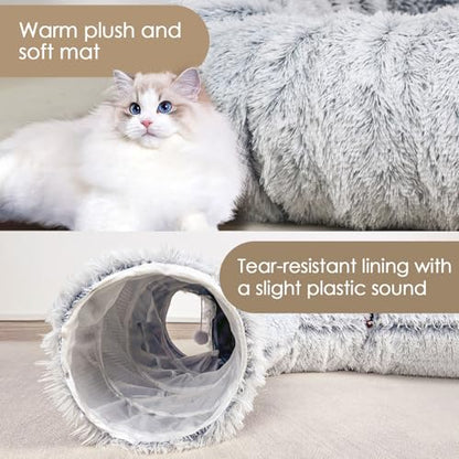Cat Tunnel Bed for Indoor Cats, Peekaboo Cat Cave with Washable Soft Play Mat, Furry Cat Tube, for Kitten/Puppy/Rabbit, Grey - color: Grey
