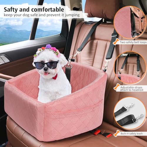 NEEZUKAR Dog Car Seat for Small Medium Dogs,Detachable Washable Dog Booster Seat Under 30lbs, Pet Car Seats Travel Bed with Storage Pockets and Safety Belt(Pink) - color: Pink