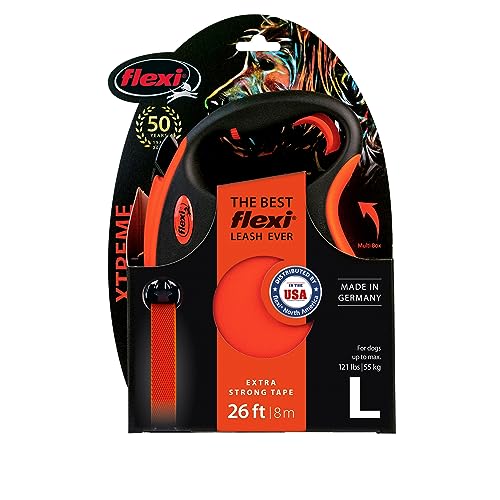 FLEXI® Xtreme Tape Retractable Dog Leash, Large, 26 ft - Orange/Black | German engineered, original flexi leash, durable quality for dogs up to 121 lbs, tangle-free, walking, reliable brake system