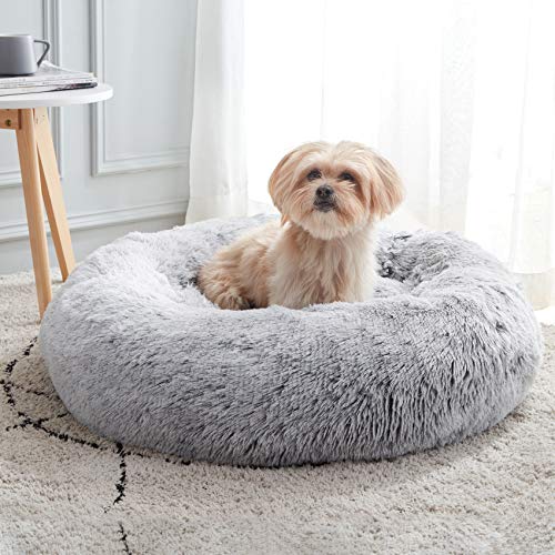 WESTERN HOME WH Calming Dog & Cat Bed for Small Medium Sized, Round Donut Washable Medium Dog Beds, Self Warming Fluffy Anti-Slip Indoor Cat Dogs Bed for Pet up to 35 lbs (27 Inches, Light Grey) - color: Light Grey, size: 27.0"l x 27.0"w x 8.0"th