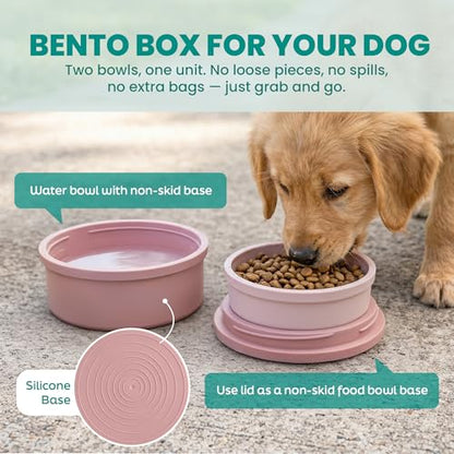 KindTail Dog Travel Bowls - Set of 2 Portable Pet Food & Water Dishes with Lid & Handle - Each Nesting Container Includes a Non-Slip Silicone Base - Microwave & Dishwasher Safe - BPA & Toxin-Free - color: Rose Pink, size: Large