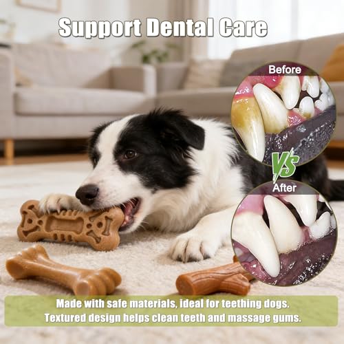 SCHITEC Dog Toys for Aggressive Chewers, 3 Pack Nylon & Wood Dog Chew Toy, Tough Chew Bone for Medium Large Dogs, Indestructible Teething Dog Toy, Chicken Flavor (Medium) - style: Medium