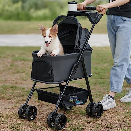 Zoosky 3 in 1 Pet Stroller with Removable Carrier, Folding Stroller for Small/Medium Dogs and Cats, Waterproof, All-Terrain, with Sun Shades, Car Seat - color: Dark Gray