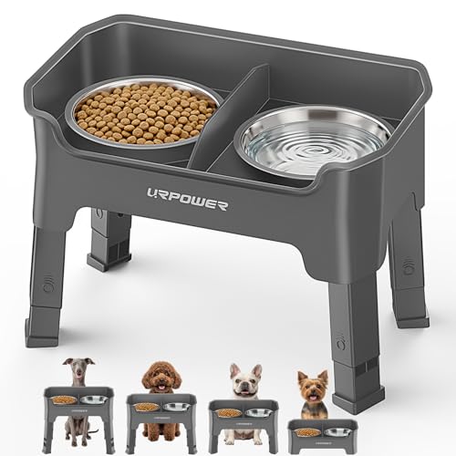 URPOWER Mess Proof Elevated Dog Bowls 4 Height Adjustable Raised Bowl Stand with 2 Stainless Steel Dog Bowls Non-Slip Food and Water Bowl Set for Small Dogs, Grey - color: Grey, size: Small