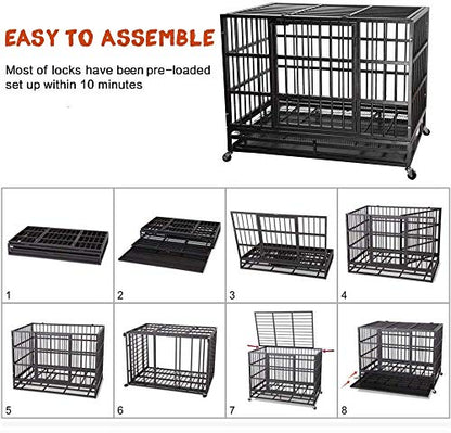 LEMBERI 42 Inch Heavy Duty Indestructible Dog Crate, High Capacity Escape Proof Double Door Kennel with Lockable Wheels, 35" Tall Medium Dog Cage with 0.8" Steel Tubes, Removable Tray, Black - color: Black, size: 42.5"L x 29.9"W x 34.5"H