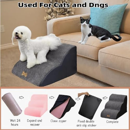 Dog Stairs for High Beds Couches 2-Step 2-5 Step Pet Stairs Steps for Small Large Dogs Cats Non-Slip Balanced Ramp Indoor Stairs with Non-Slip Sticker 30D Grey