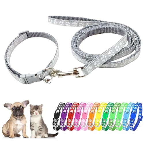 Grey XXS Dog Collar with Bell Leash Set, Reflective Puppy Collar Pawprint Adjustable Kitten Collar with Bell for Tiny Little XXS XS Extra Small Breed Pets Dogs Cats Girls Boys - color: Grey