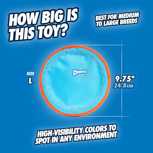 Chuckit! Paraflight Flying Disc Dog Toy - Water Floating Flyer - Durable Nylon Construction with Soft Rubber Edges - For Medium and Large Dogs - Size Large - 9.75" L x 9.75" W - Pack of 1 | Durable nylon build with soft rubber edges, made for medium and l
