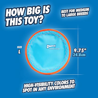 Chuckit! Paraflight Flying Disc Dog Toy - Water Floating Flyer - Durable Nylon Construction with Soft Rubber Edges - For Medium and Large Dogs - Size Large - 9.75" L x 9.75" W - Pack of 1 | Durable nylon build with soft rubber edges, made for medium and l