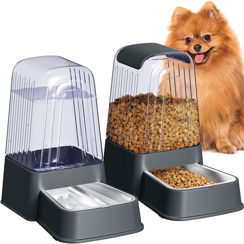 Automatic Dog and Cat Food Feeder and Water Dispenser Set with Stainless Steel Bowls,Gravity Pet Food and Water Feeders,100% BPA-Free,Large Capacity for Cats Dogs Pets… (5L Dark Gray) - color: 5L dark gray