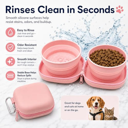 Portable Dog Bowl, Collapsible 2-in-1 Travel Dog Bowls with Carabiner Clip, Silicone Double Pet Food and Water Dish for Outdoor Camping and Hiking (Pink) - color: Pink