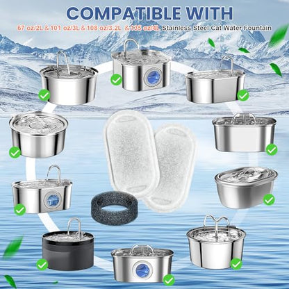 Cat Water Fountain Filters Replacement, 16 Pcs Pet Water Fountain Filter with 16 Pcs Foam Sponges for 67oz/2L & 108oz/3.2L Stainless Steel Pet Cat Water Fountain Dispenser Filters