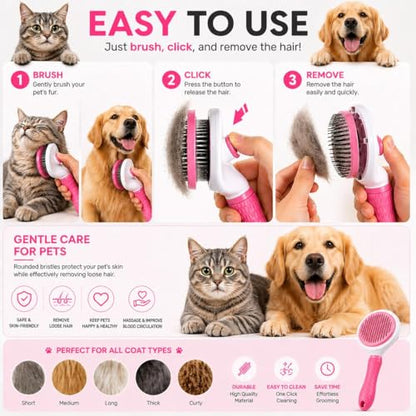 Pet Grooming Deshedding Brush, Self-Cleaning Massaging Brush for Dogs and Cats, Short and Long Hair (Pink) - color: Pink