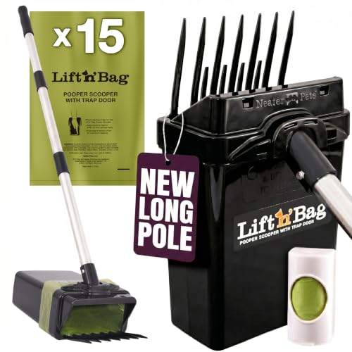 Neater Pet Brands Lift N’ Bag 2.0 Dog Pooper Scooper with Bag Attachment & 31" Pole for Small to Large Dogs, New Longer Pole, 15 Refill Bags, Heavy Duty Dog Poop Scooper for Yard, One-Hand Use - color: Black Scoop w/ Black Bin, size: 15 Bags