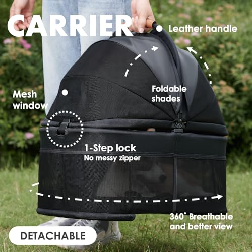 Zoosky 3 in 1 Pet Stroller with Removable Carrier, Folding Stroller for Small/Medium Dogs and Cats, Waterproof, All-Terrain, with Sun Shades, Car Seat - color: Black