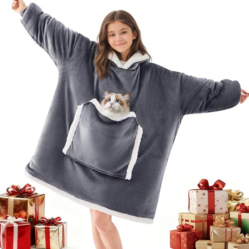 JOYWOO Wearable Blanket Hoodie,Oversized Cat Lovers Sweatshirt Blanket for Adult & Teens,Birthday Valentines Day Gifts for Teen Girls Boys Women 8-12,Cozy Sherpa Blanket Giant Pocket Gifts,Grey Small - color: Grey, size: Small
