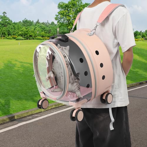 Cat Carrier with Wheels, Breathable Cat Rolling Carrier with Telescopic Handle, Bubble Cat Backpack Carrier, Pet Travel Bag for Small Dogs Pets, up to 19lbs, 15.7" x 10.6" x 17.7" (Pink) - color: Semi-Transparent Pink