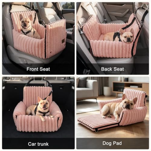MIXJOY Dog Car Seat for Small/Medium Dogs up to 25 lbs, Multi-Functional Dog Carrier for Car with Detachable Washable Cover, Pet Travel Bed with Clip-On Safety Leash, Pink - color: Pink