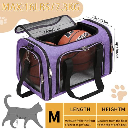 Soft-Sided Cat/Dog/Pet Carrier, Collapsible Pets Travel Carriers for Big Cats/Small Dogs with Shoulder Strap & Removable Mat, Mesh Puppy Carry Bag, Up to 16 Lbs, TSA Airline Approved(Purple) - color: Purple, size: 17"L x 11"W x 11"H