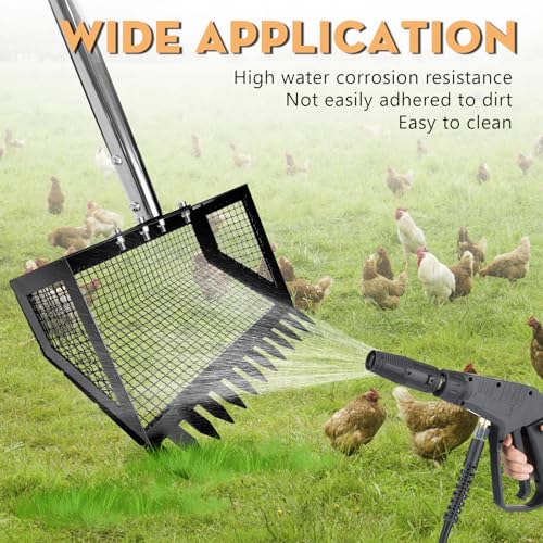 Chicken Poop Scooper and Rake 2-in-1, 10” Wide Metal Coop Scoop for Sand Sifting Shovel with 22" to 62” Adjustable Stainless Steel Handle, Cleaning Tools for Chicken Coops & Farm Animals Scoop