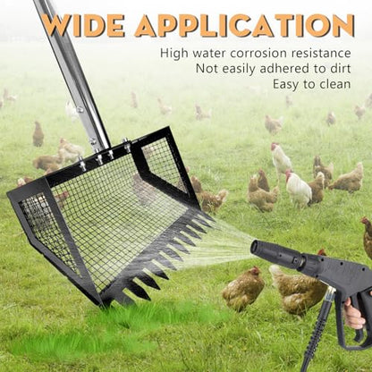 Chicken Poop Scooper and Rake 2-in-1, 10” Wide Metal Coop Scoop for Sand Sifting Shovel with 22" to 62” Adjustable Stainless Steel Handle, Cleaning Tools for Chicken Coops & Farm Animals Scoop