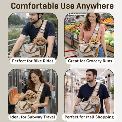 Hands-Free Sling Pet Carrier for Cats and Small Dogs up to 7lbs – Travel Set Includes Foldable Water Bowl & ID Card – Breathable Mesh, Safety Hook & Adjustable Padded Strap for Walking & Travel - color: Beige