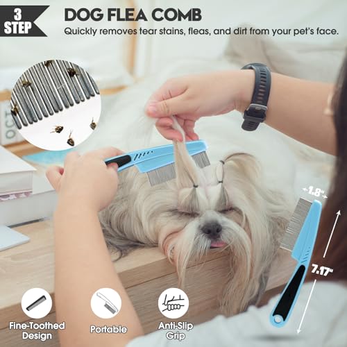 Bonteck Dog Slicker Brush for Dogs Grooming Kit 5PCS | Large Dog Brush for Goldendoodles Poodles Doodles | Long Pin Haired Brush | Poodle Brushes and Comb (Blue) - color: Blue